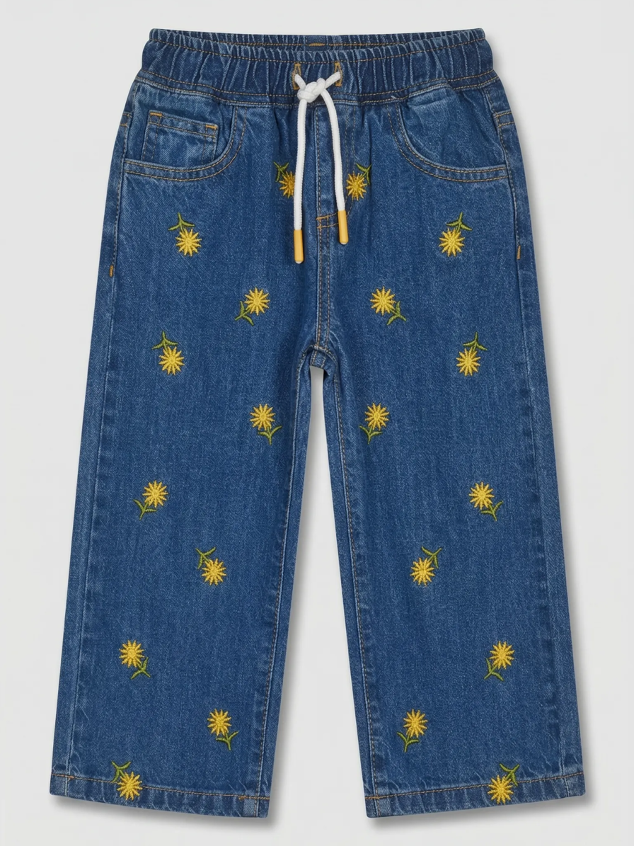 Blue yellow sun embroidery jeans for girls by Level Apparels Pakistan