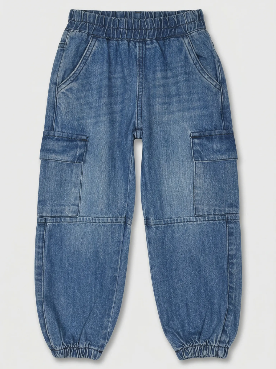 Light blue baggy cargo jeans for girls by Level Apparels Pakistan