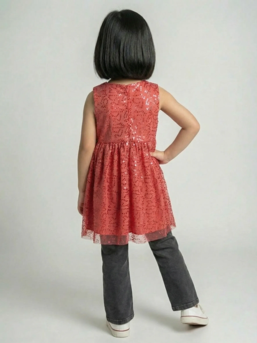 Coral sequin net frock for girls by Level Apparels Pakistan
