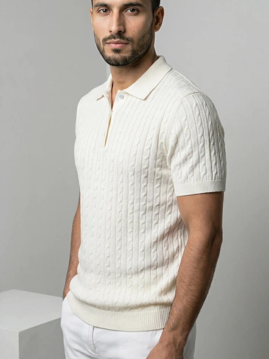 Cream cable knit polo shirt for men by Level Apparels Pakistan
