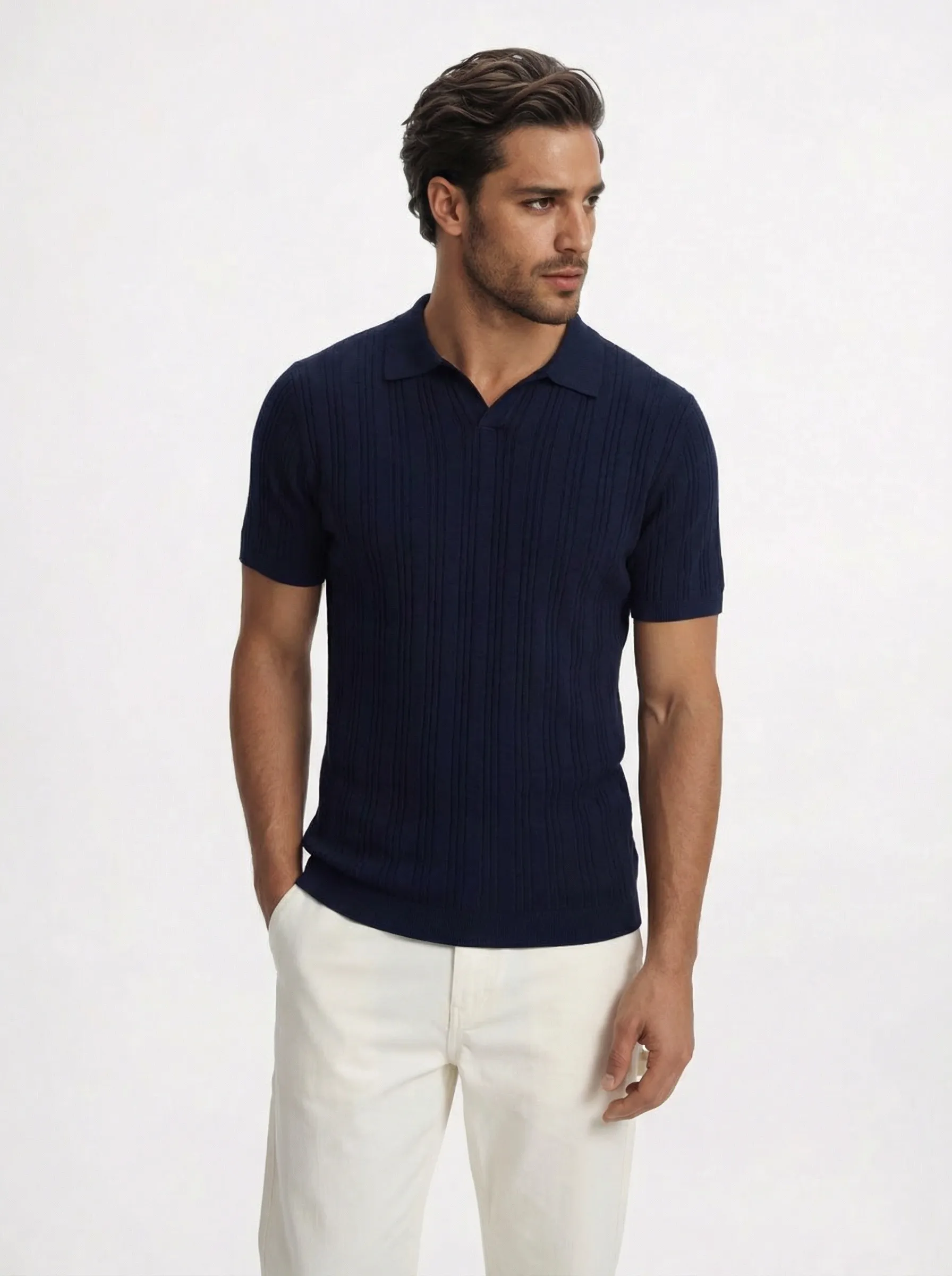 Navy mixed ribbed polo shirt for men by Level Apparels Pakistan