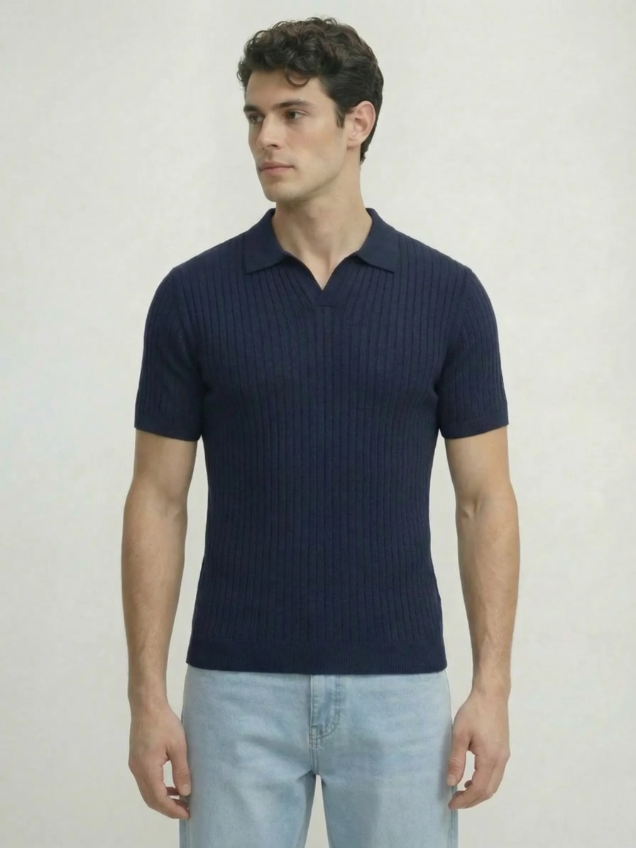 Navy tight ribbed slim fit polo shirt for men by Level Apparels Pakistan