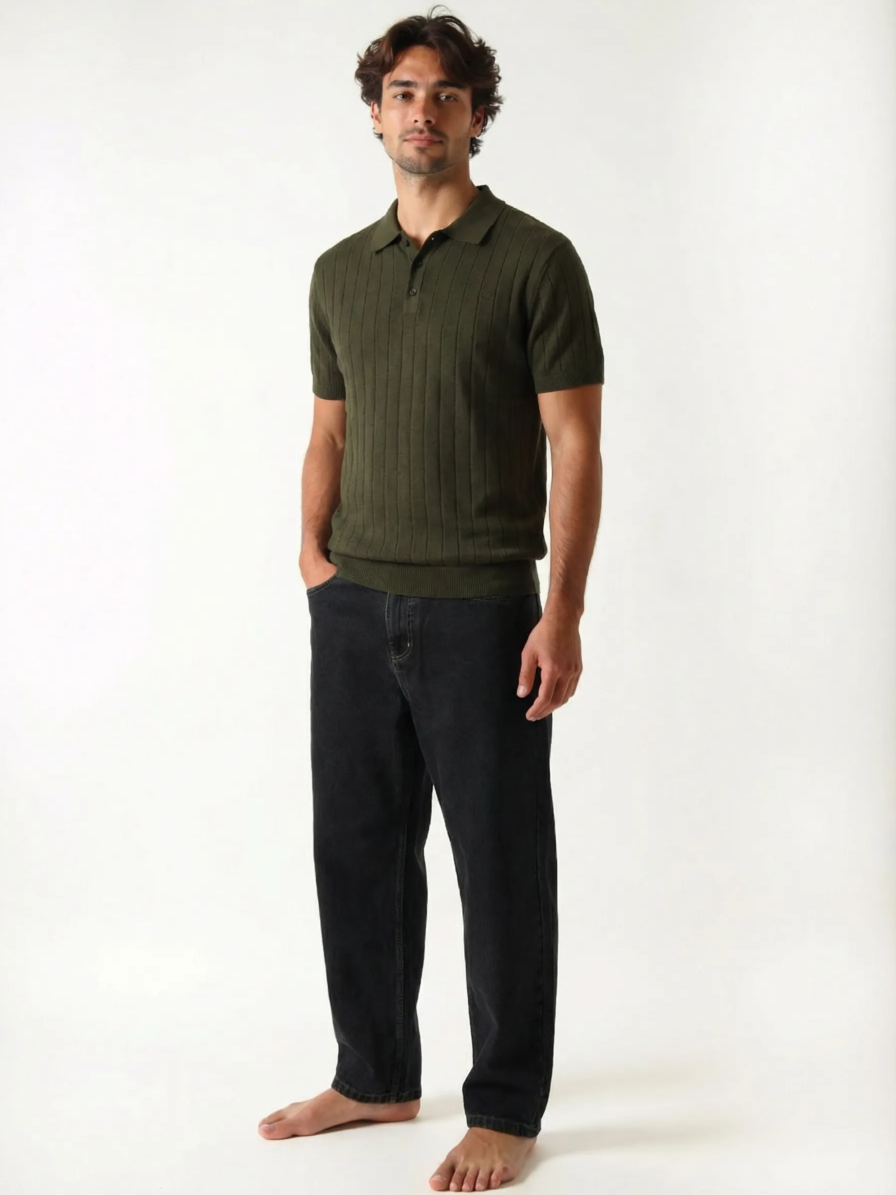 Olive ribbed button polo shirt for men by Level Apparels Pakistan